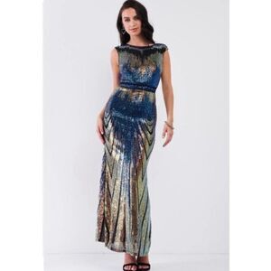 Dellore New Blue Black Tank Cleopatra Goddess Full Sequin Maxi Dress Gown Small